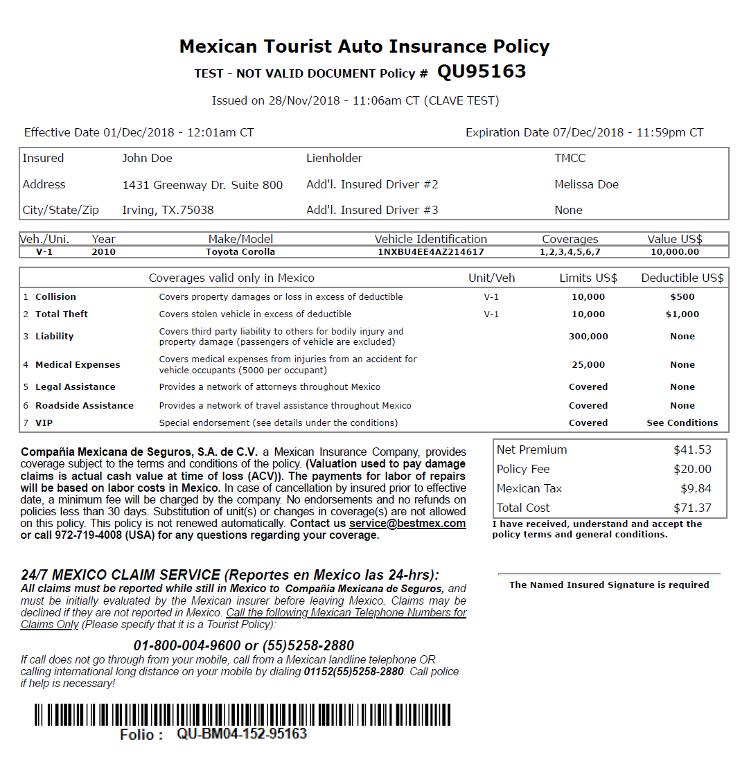 Sample Mexican Car Insurance Policy