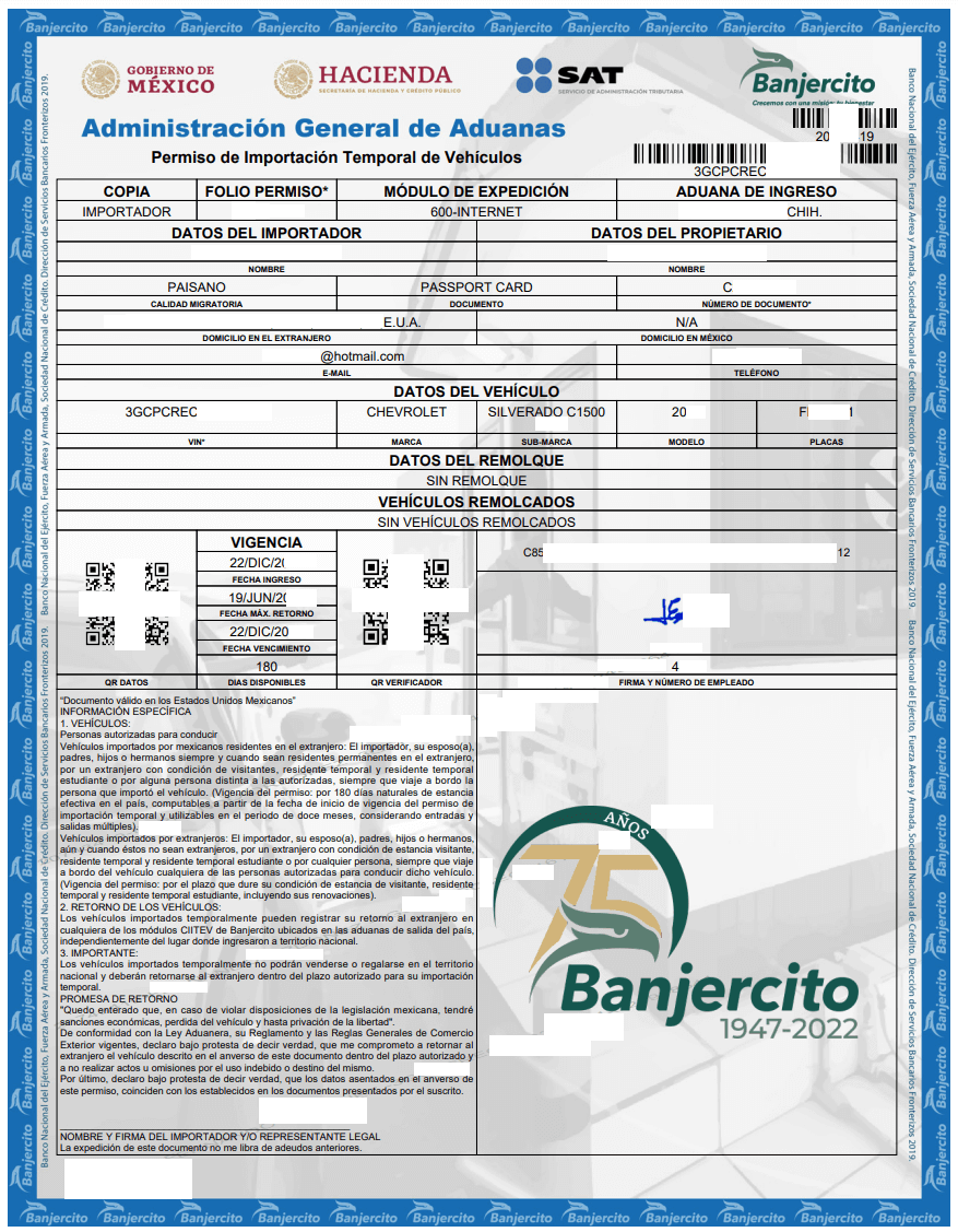 Temporary Vehicle Import Permit Example