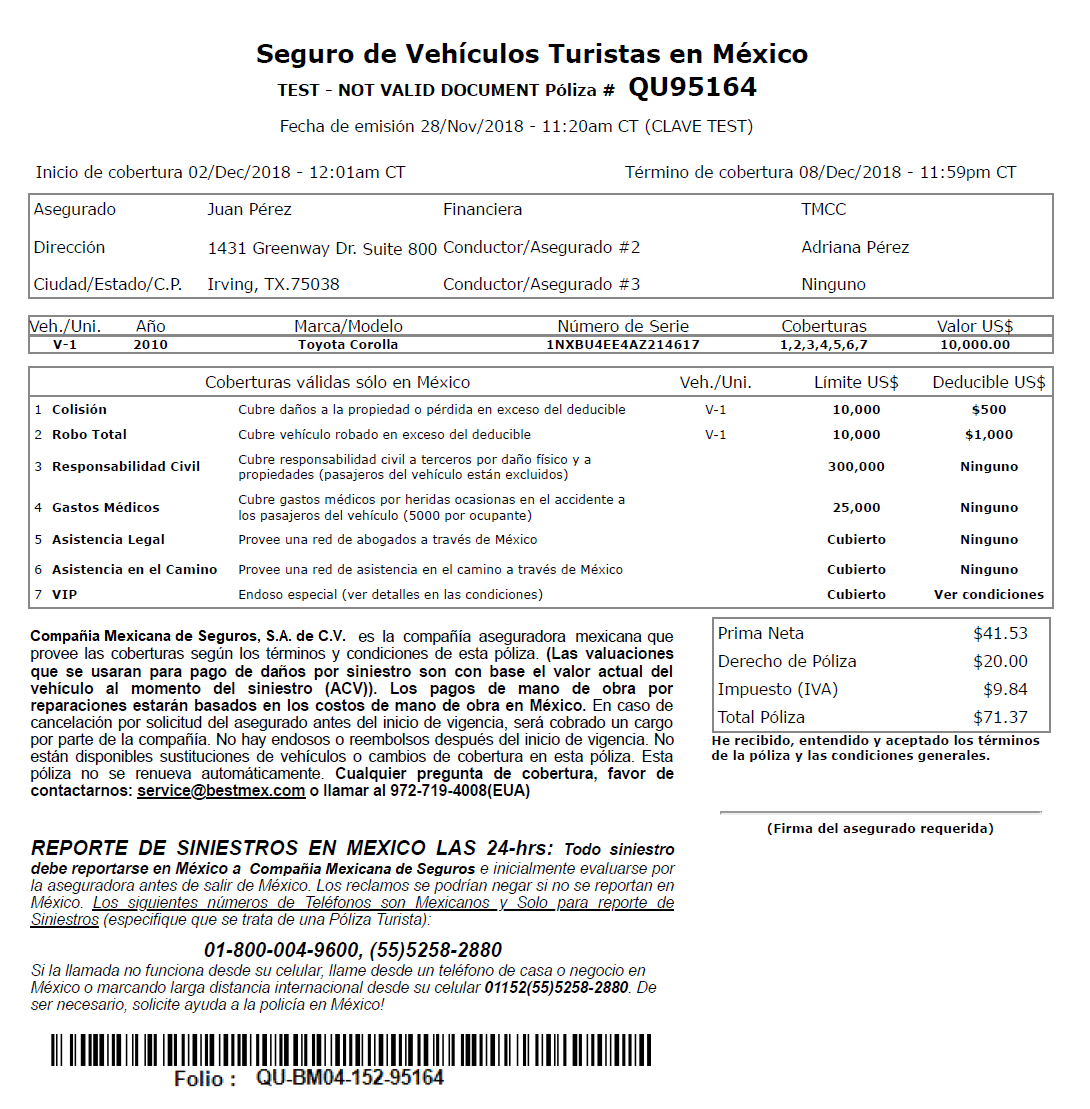 Ejemplo de una Póliza de Auto para México
