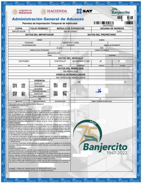 Ejemplo del Permiso de Importación Temporal